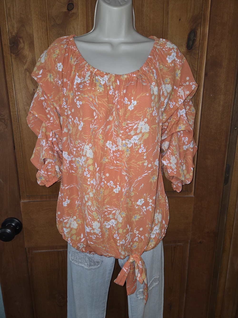 CeCe Orange Floral Tie-Hem Ruffle Sleeve Blouse